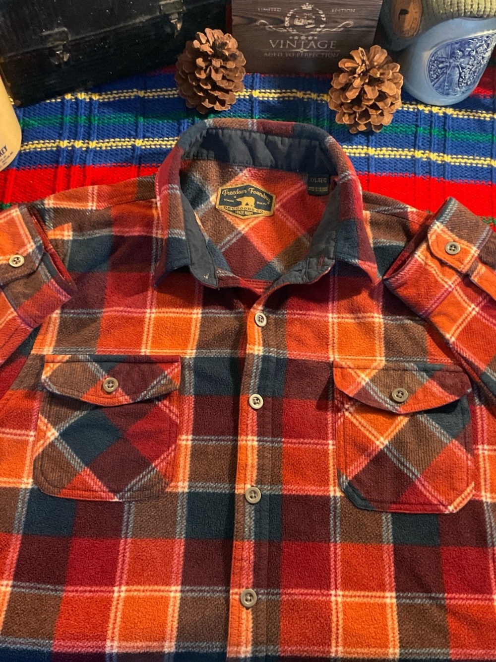 The Foundry Supply Co.-Red Orange Plaid Flannel Button-Down Shirt-Size (XXL)